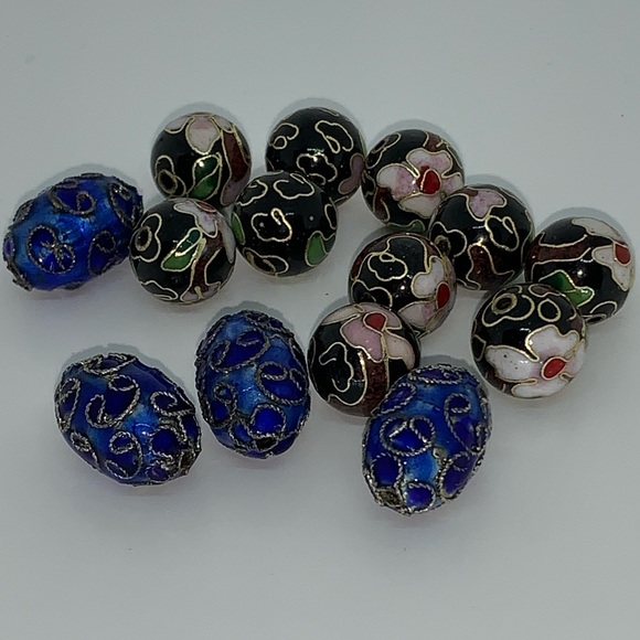 14 Blue and Floral Vintage Cloisonné Beads ! - Picture 3 of 4